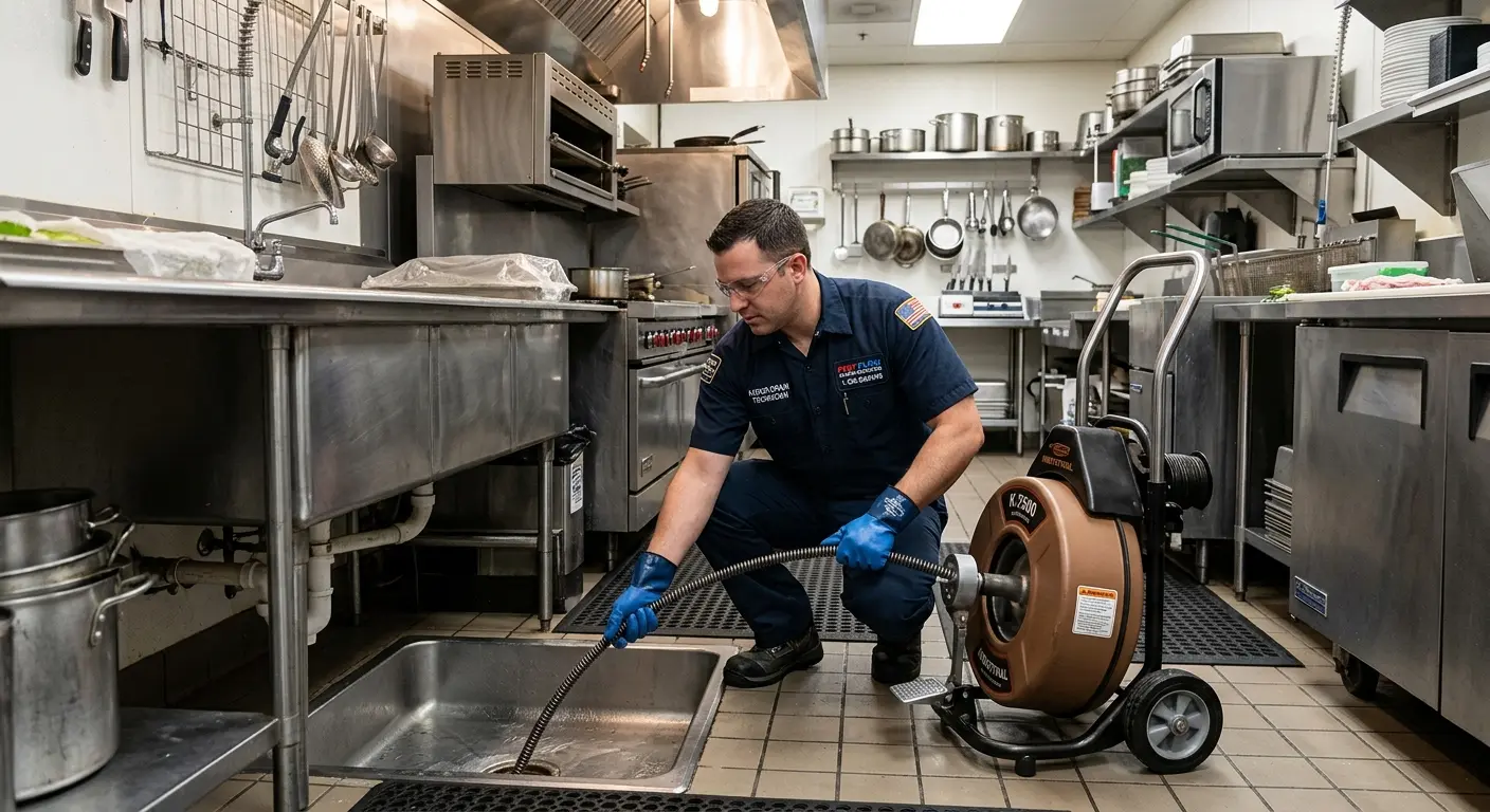 Commercial drain cleaning service in a restaurant kitchen in Kensington