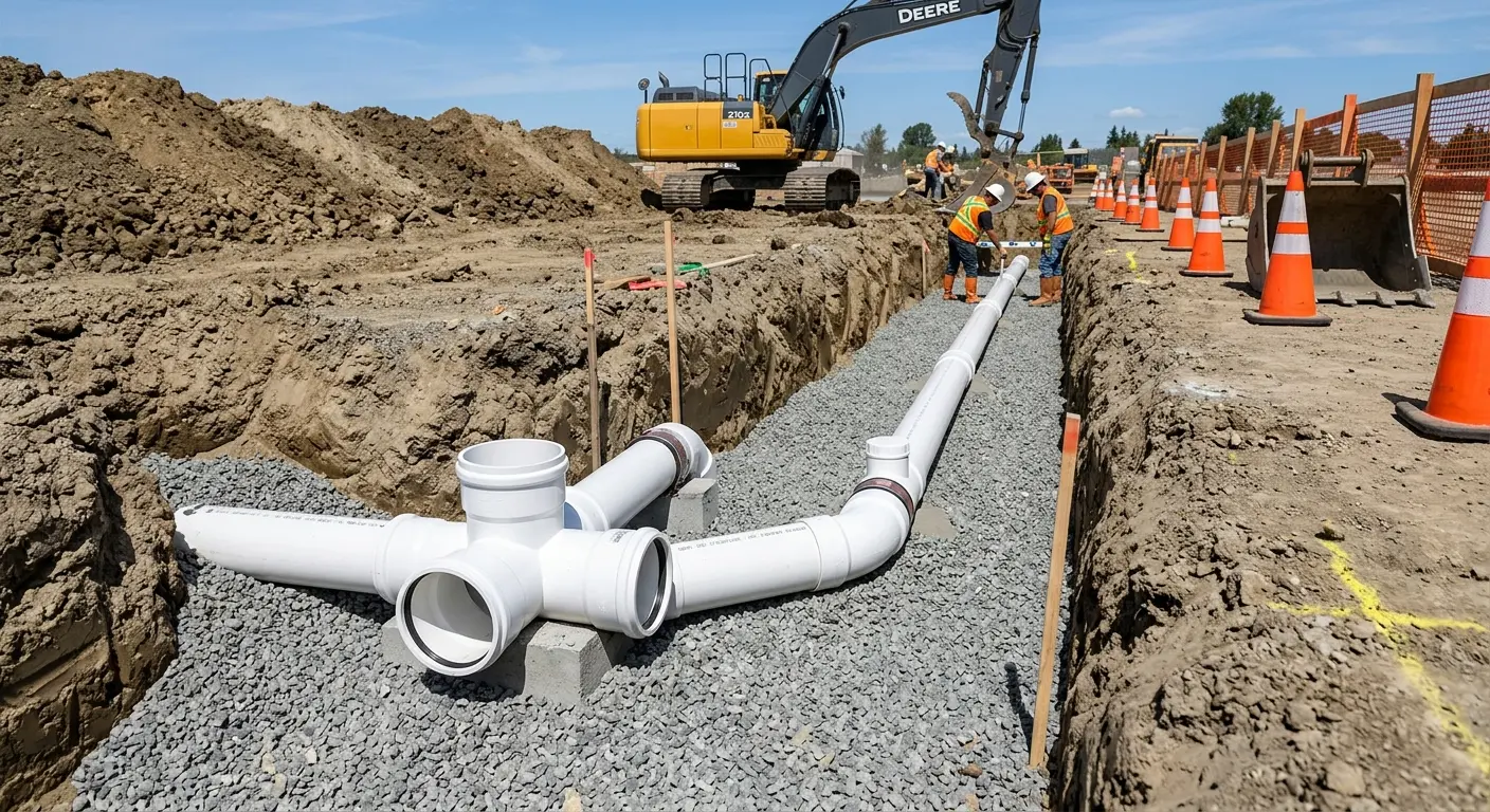 New PVC sewer pipe installation in open trench for Sewer Backup in Kensington