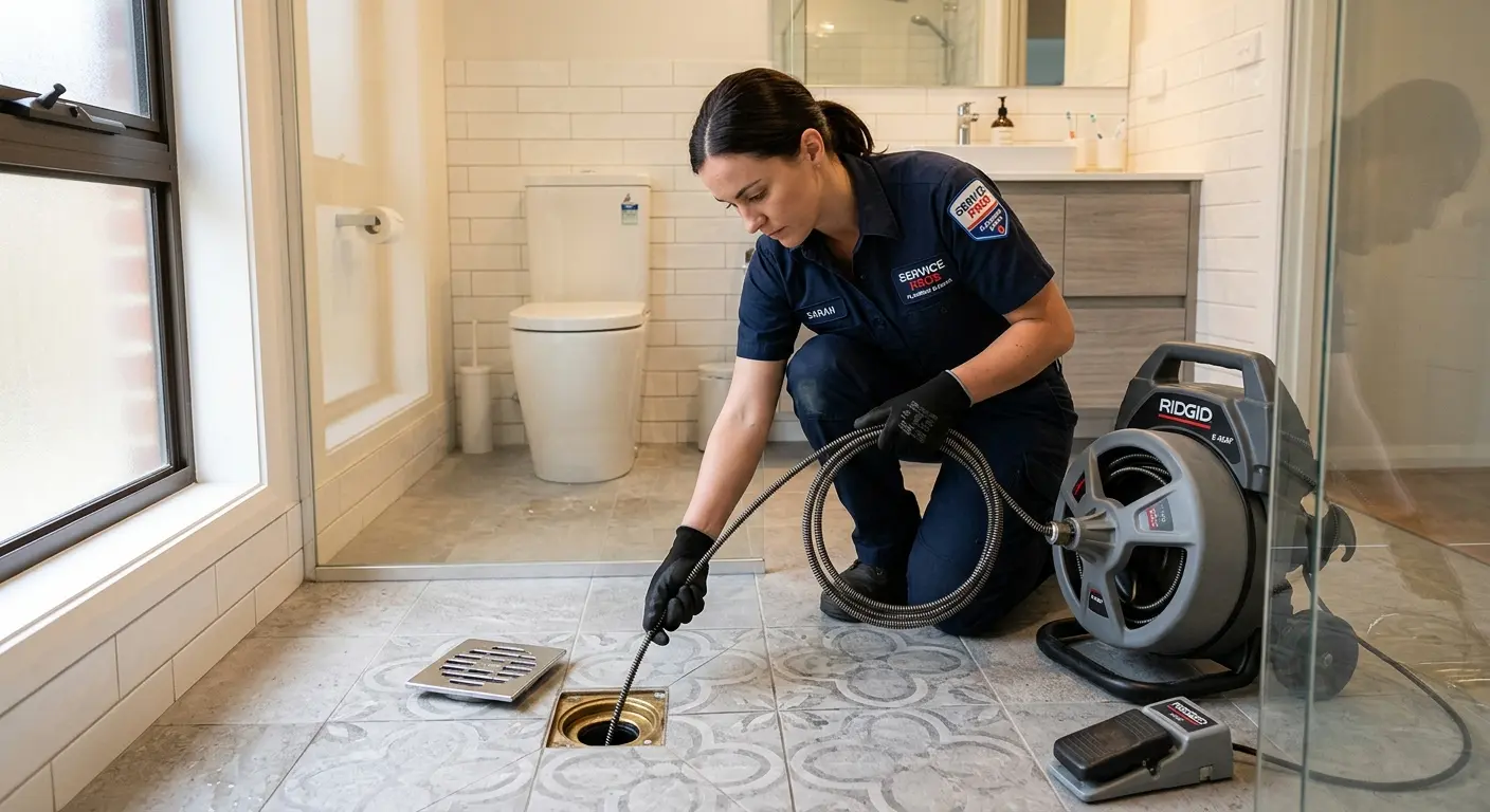 Technician clearing a bathroom floor drain for Sewer Line Replacement in Kensington